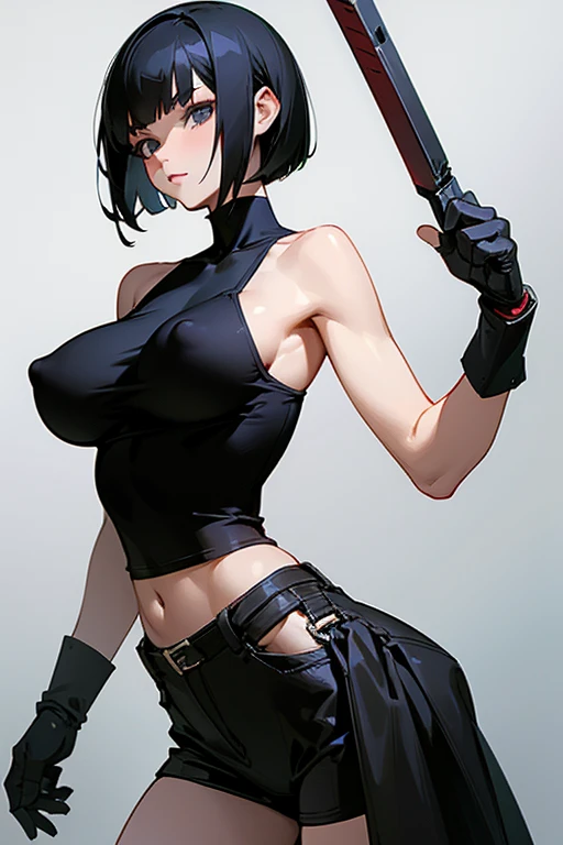 Only One Woman、Mature Woman、Black Hair、Short Bob、short hair、Visible nipples、Large size breasts、Black camisole、Prosthetic arm
