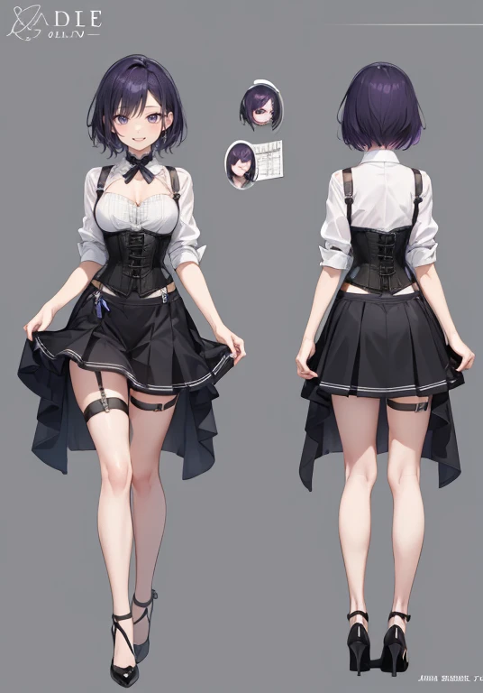 Purple hair,Short hair,Adult female,(Bartender),((Body harness)),((Black vest)),(Rolling up your sleeves shirt),(Corset),(Above knee length skirt),High heels,((Simple background)),Smile,((Full body)),((whole body)),Character Sheet,