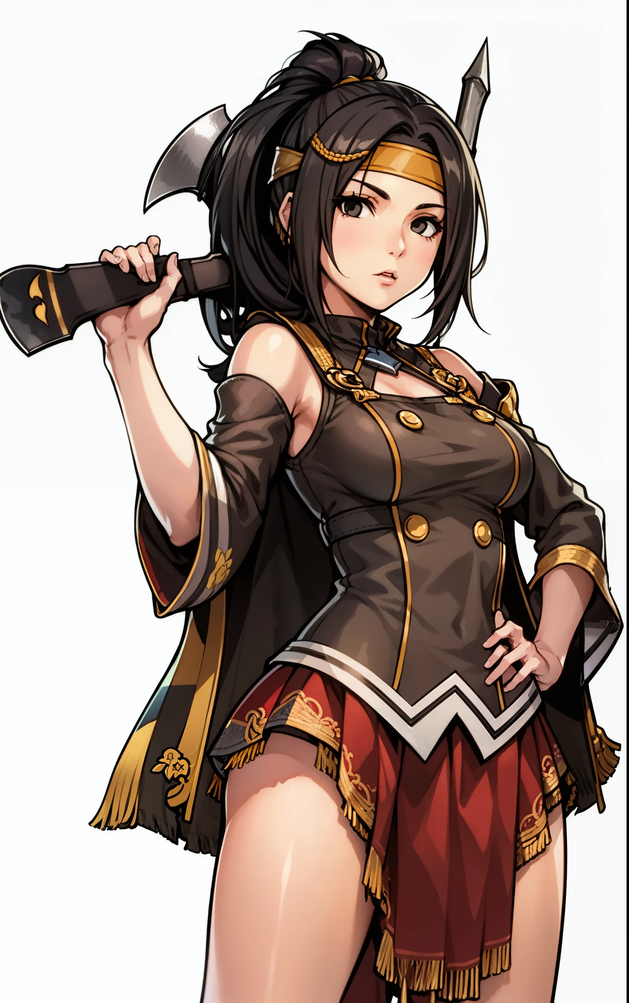 1girl, black eyes, headband, holding an axe