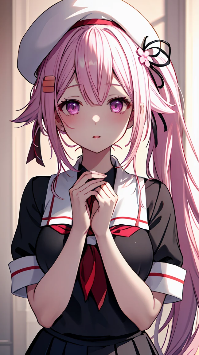 (masterpiece), (highest quality), (ultra-detailed), Realistic, (Best illustrations), (Very delicate and beautiful), One girl, alone,(KanColle Harusame) black uniform black skirt pink hair White beret cap masterpiece, highest quality, (ssao shadows), detailed, complicated (Purple eyes) Pretty face, Skin dents, Amazing eyes, Rim Light, Skin shading, Subsurface scattering Very detailed eyes Very detailed face、Insanely detailed body、Very fine skin, Very elaborate hair ornament, Precisely sculpted body and hands