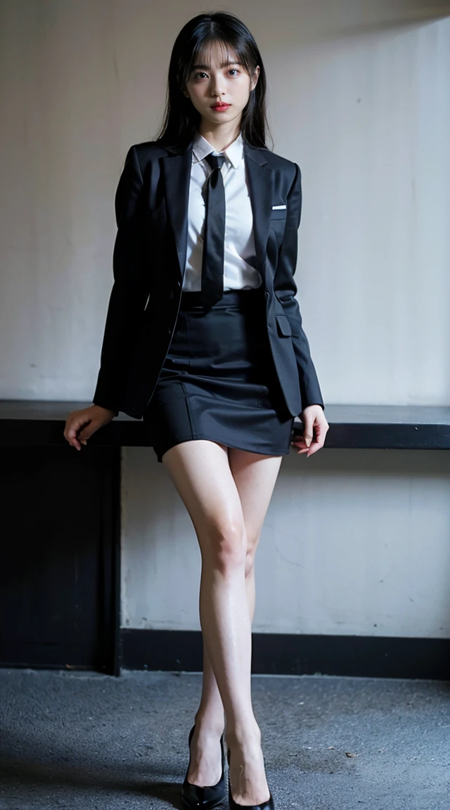 (8k、RAW Photos、highest quality、masterpiece:1.2)、(Realistic、Realistic)、1 girl、((Black business suit、Black mini skirt、White dress shirt、I&#39;m looking forward to、))、Lots of eyelashes、Add shine to your eyelids、skeletally correct、Sweaty body、Beautifully trimmed fingertips、smile、