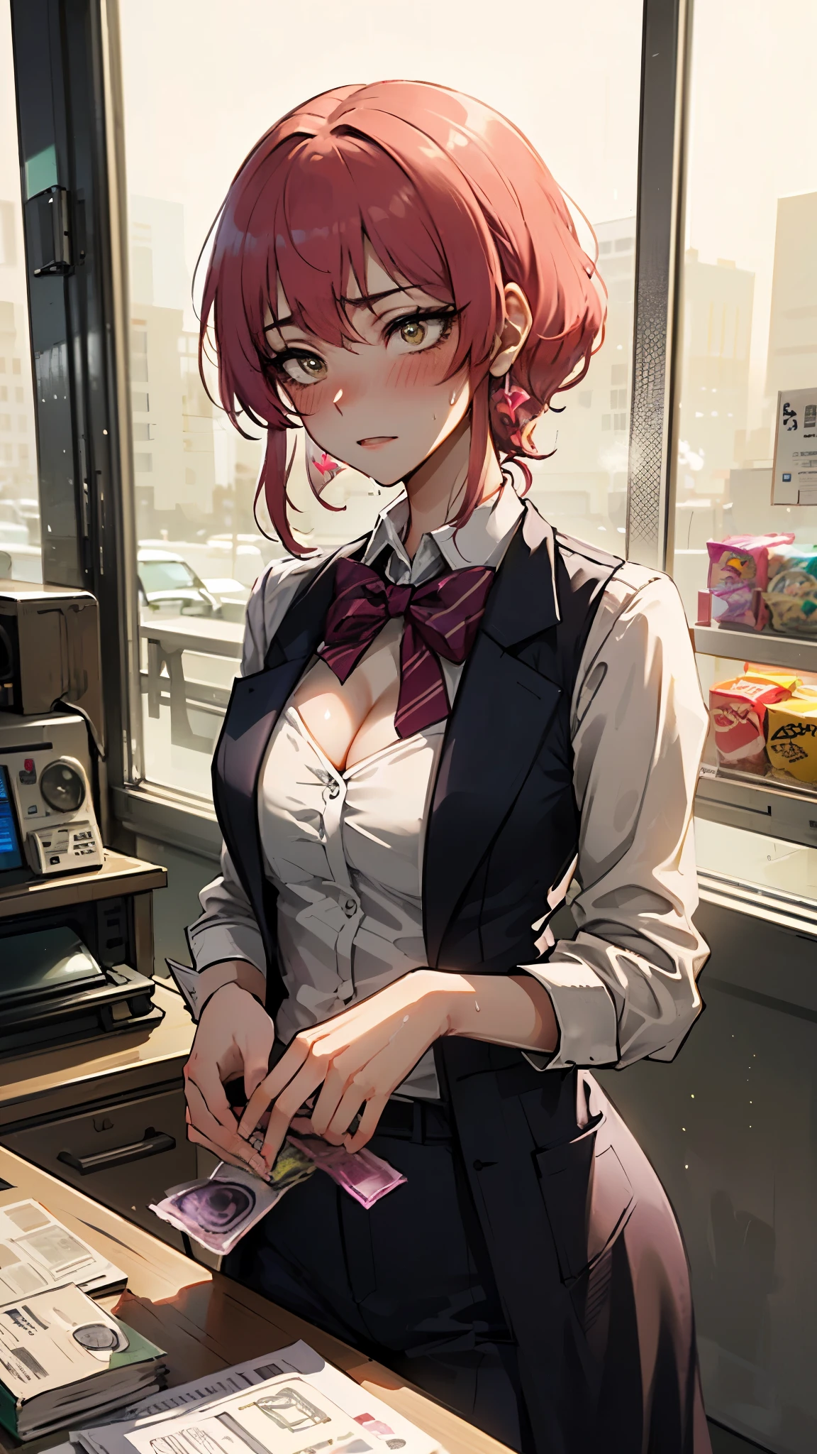 1 Girl、solo、pov, Accurate human body、Knowledgeable person、Correct five-finger、
(Oilskin,Glowing Skin、Realistic skin texture、Beautiful skin in every detail)、
Written boundary depth, Focus on the center, Beautiful Eyes, Perfect face and eyes、
high school girl 、(Slender body:1.2, JK, high school girl uniform)、((blush、vapor)),(((Sweat,sweat))),-yeld giImprove, Short girl、Slender body、
A girl came to buy condoms、A white cash register desk in front of the girl、A box of condoms on the desk、Girl waiting in line at the cash register、(((10 packs of condoms)))、(Standing shyly:1.2, blush and bow)、((Big Breasts))、Big cleavage、
convenience store、Looking down,Detailed Background、A person who writes in detail、Late-night Japanese convenience stores、