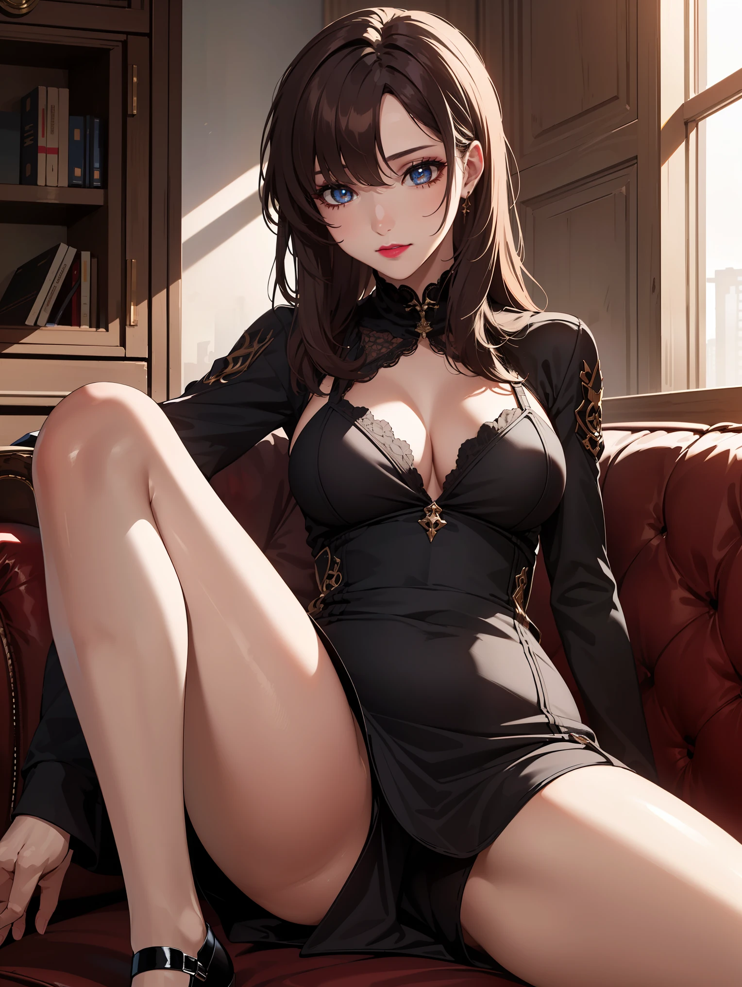 bangs,brown_hair, long_hair,red eyes,lipstick,makeup,
BREAK (shorts,((dress)):1.2)
BREAK (spread legs), sitting,
BREAK indoors, military place,
BREAK (masterpiece:1.2), best quality, high resolution, unity 8k wallpaper, (illustration:0.8), (beautiful detailed eyes:1.6), extremely detailed face, perfect lighting, extremely detailed CG, (perfect hands, perfect anatomy),
