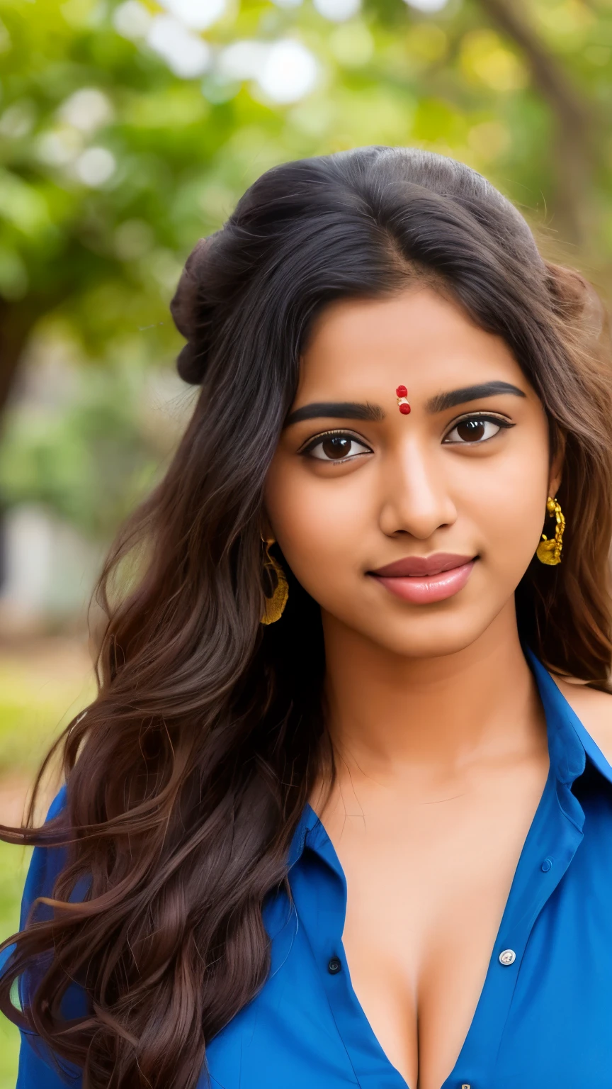 Outdoor image of 21yo  in school school photo in school masterpiece, (photorealistic:1.7), best quality, Eleanor Latino Woman 20 years Old ,  hair Bun, long-haired extreme , disheveld hair curly hair  ,wearing Indian  Tamil kurti. Round face, closeup view , big round breast , Tamil girl ,real face , brown colour skin, seductive , realistic shadow , Tamil girl 