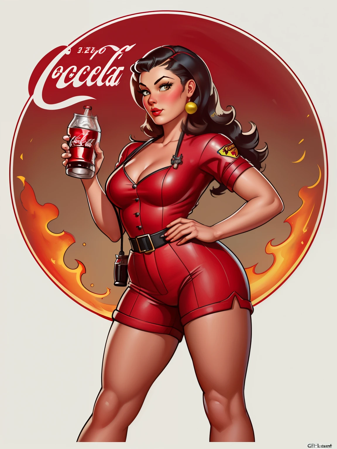 Coca Cola firefighter Pinup Art by Gil_Elvgren and Haddon_Sundblom, 
[ Dana Davis | Freida Pinto ],
 