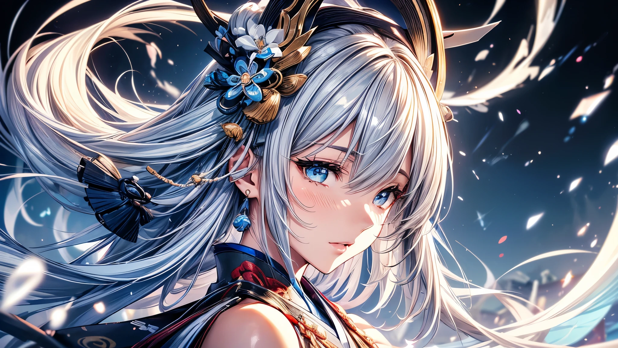 (Ultra-delicate), (Be focused), (high resolution), (((Silver hair with gradient stripes and light blue tail))), One, Cute beauty face, alone, Fine facial textures, ((Light blue eyes)), thin eyebrows, long upper eyelashes, Double eyelids, Upper Eye, (super detailed eyes), Sexy lips, lip details, White skin, Delicate skin, Deformed depth of field blurred background, (Detailed background), Perfect layer cut, (full-body shot/Cowboy shooting/side view), wallpaper, Shimmer, complicated, familiar, ((Onmyoji)), particle, constellation, Stardust, Pentagram, God formula, (((Talisman))), mysterious, peaceful, Japan, Black, White Kimono, Fortune Telling, time and space, incantations, ((Yin Yang Liao)), ((Japan宮廷)), Artistic, 8k