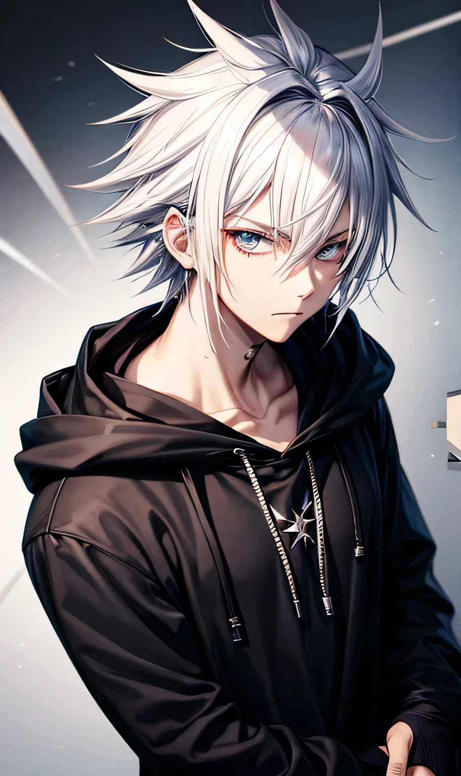 Black hoodie,Wearing a hood,
male,silver hair,Spiky Hair,Visual Kei,