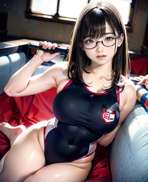 20 year old Japanese idol girl alone Mature Woman Wavy black hair with bangs (Bright red rouge lips) Super big boobs Toned body Big Ass ((Rimless Glasses)) Big eyes ((Glossy competitive swimsuit)) ((garter belt)) 8k Realistic ((Morning Glow)) ((sit with your back to the camera)) ((Back view of a person sitting upright)) ((Turn around and make eye contact)) ((Stick your butt out)) Highly detailed face Highly detailed limbs Highly detailed fingers Anatomically accurate depiction of the body Detailed Asian skin tones Correct face and body balance