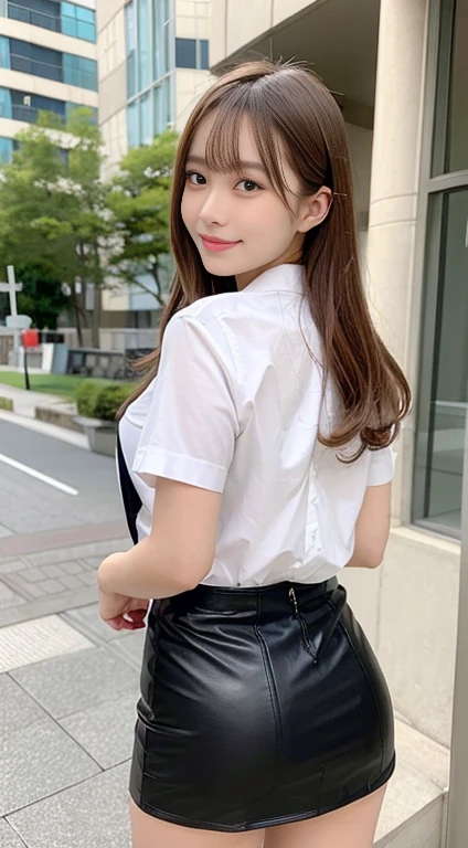 She is wearing a white button-up shirt. She has a very beautiful back. Rear view. A Japanese model-type girlfriend. The background is a hotel. She has very beautiful blonde hair. Very beautiful eyelashes. Very beautiful under-eye bags. Very beautiful butt. She is wearing a tight black leather miniskirt. She is wearing a white button-up shirt. She has a very beautiful back. She has very beautiful eyelashes. She has very beautiful under-eye bags. She has a very beautiful butt. She is wearing a tight black leather miniskirt. Looking back. Smiling. Bangs. Blonde. Ulzzang hair. NSFW