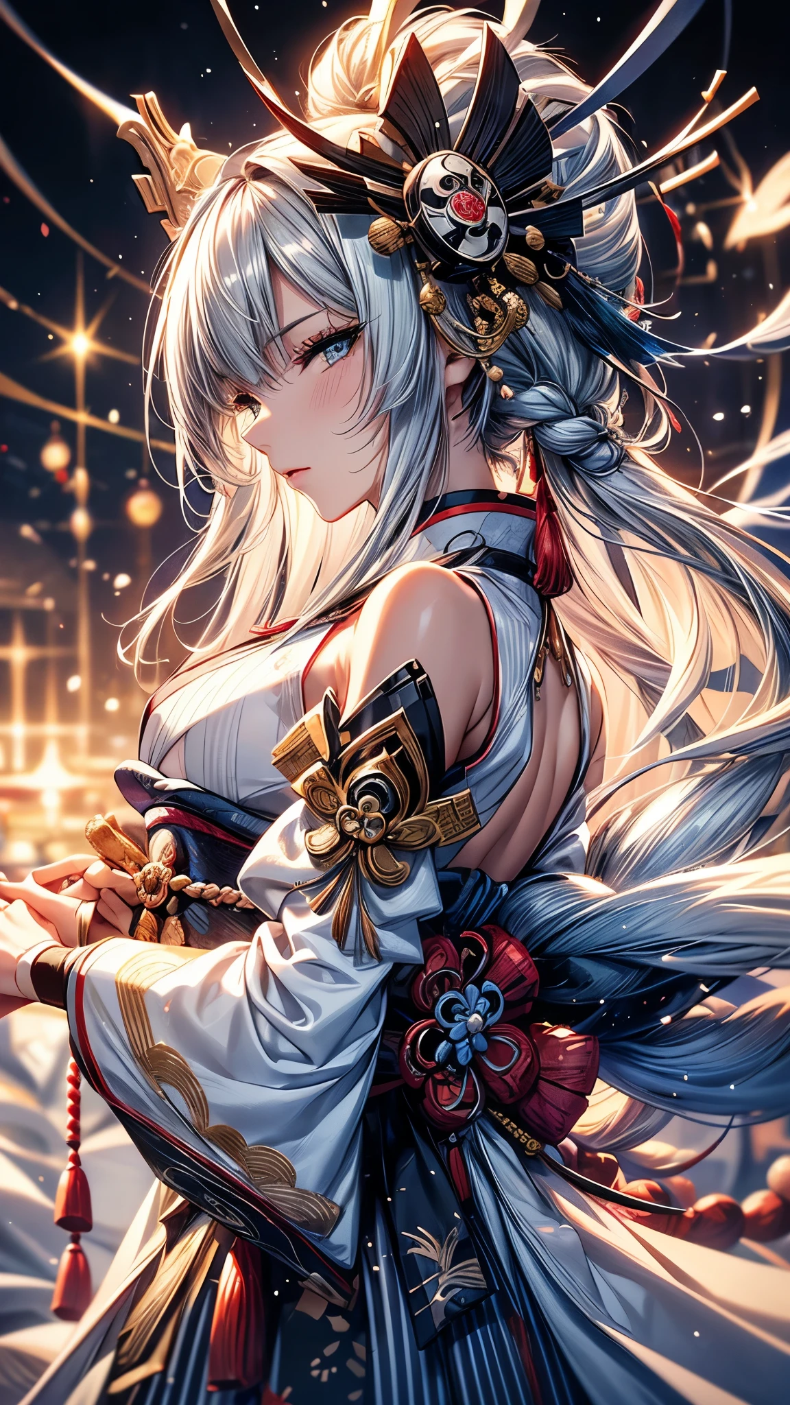 (Ultra-delicate), (Be focused), (high resolution), (((Silver hair with gradient stripes and light blue tail))), One, Cute beauty face, alone, Fine facial textures, ((Light blue eyes)), thin eyebrows, long upper eyelashes, Double eyelids, Upper Eye, (super detailed eyes), Sexy lips, lip details, White skin, Delicate skin, Deformed depth of field blurred background, (Detailed background), Perfect layer cut, (full-body shot/Cowboy shooting/side view), wallpaper, Shimmer, complicated, familiar, ((Onmyoji)), particle, constellation, Stardust, Pentagram, God formula, (((Talisman))), mysterious, peaceful, Japan, Black, White Kimono, Fortune Telling, time and space, incantations, ((Yin Yang Liao)), ((Japan宮廷)), Artistic, 8k