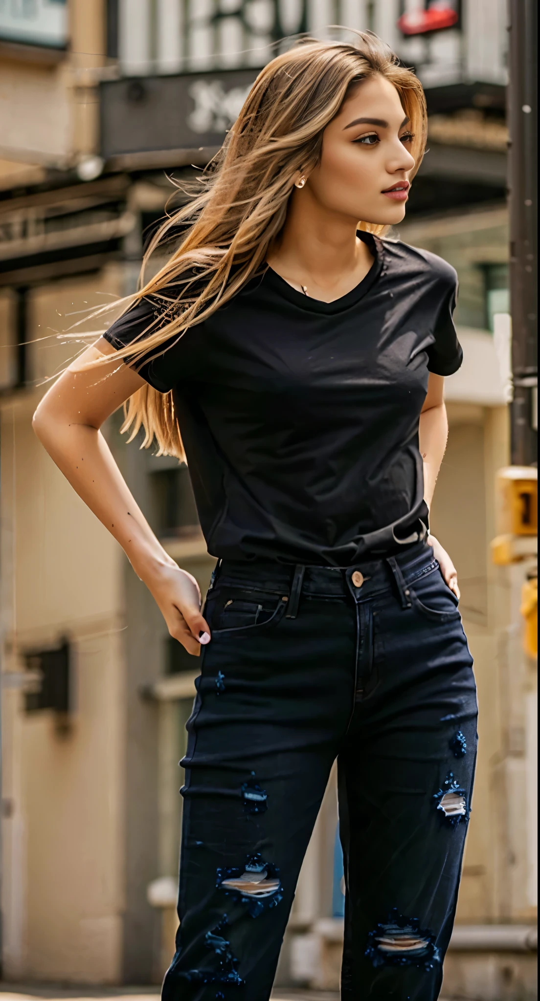 arafed woman in camisa preta and ripped jeans standing on a street, vestindo uma camisa escura e jeans, jeans e camiseta, wearing a Camiseta preta, vestindo uma camiseta preta, vestindo camiseta preta, camiseta preta, camiseta preta, Camiseta preta, wearing a camisa preta, Top preto, camisa preta, wearing pants and t-shirt