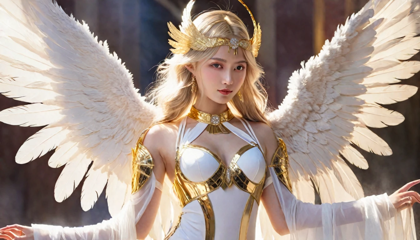 White and Gold, 电影照片whole body女性天使, Her appearance perfectly blends the ancient mystery. Have the face and style of a contemporary supermodel, She exudes a kind of cold and detached beauty, Giant angel feather wings, (masterpiece, best quality, great, Unity&#39;s highly detailed、8k wallpaper, Depth of Field, Super detailed illustrations:1.5)、3D, Extremely detailed, (whole body、Mechanical Elf Girl:1.3), sci-fi battlefield, hawken, Smile, open mouth, Short Ponytail, (white blonde, Deep blue eyes:1.2), Bright Eyes, Cute face, Kawaii, Large Breasts, Fine hair, Messy hair, (((Flying in the sky))、Blue sky, White Cloud), Shiny hair, Glowing skin, (Symmetrical mechanical wing、Metallic colored mechanical wings that are widely expanded to the left and right so that they protrude greatly from the screen, hat, White hair ornaments), (Light Particles, Movie Lighting: 1.3), (Thin pink lips: 0.8), 