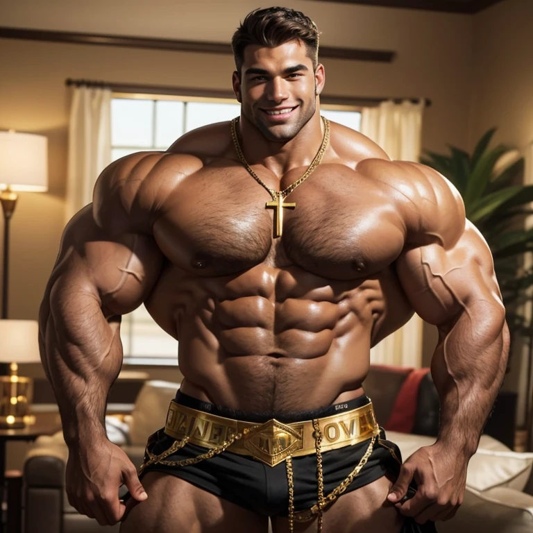 Photorealistic. A very handsome, sweet and truly massive deep brown tanned monster Caucasian bodybuilder is showing off his huge bicep muscles and meaty thighs. Smiling young adult. brown hair, powerfully muscled, massive shoulders and biceps. well-defined six pack. Exceptionally large and thick gold cross necklace. Black shorts. Living room scene