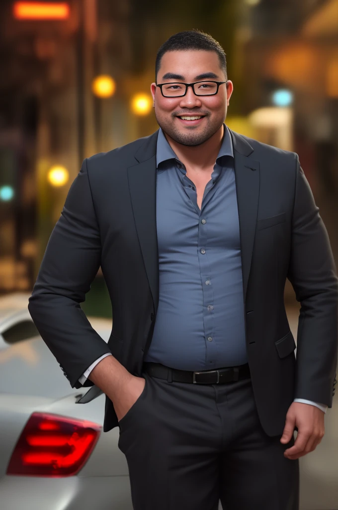 An award-winning original photo, 1 man, solo, (41 year old)), George Pei, Chris Redfield, ((daddy)), muscular male, round face, bulge, tall and hunk, Smiling,Wear glasses and a beard,There was a man in a suit and tie standing next to a car, wears glasses,brush cut,short detailed hair,fatness,double eyelid,slightly fat big breasts,(Best quality, A high resolution, Photorealistic), Cinematic lighting, Masterpiece, RAW photo, Intricate details, hdr,