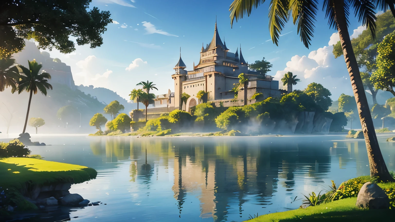 Create a masterpiece of an ancient castle nestled on a mysterious island in the heart of the sea, its tranquil lake reflecting the serene surroundings and exotic vegetation. With ancient architecture adorned with marble pillars and detailed temple decor, let sunlight filter through towering palm trees, casting dappled light upon hidden paths. Capture the mystical aura with symbolic statues and ancient artifacts, surrounded by vibrant hues and subtle shadows. Embrace the ethereal atmosphere as the castle emerges from the mist, offering a breathtaking vista of unspoiled nature and majestic cliffs. Illustrate the serene waters, the distant horizons, and the harmonious tranquility, all in one photorealistic rendering that evokes a sense of wonder and awe.