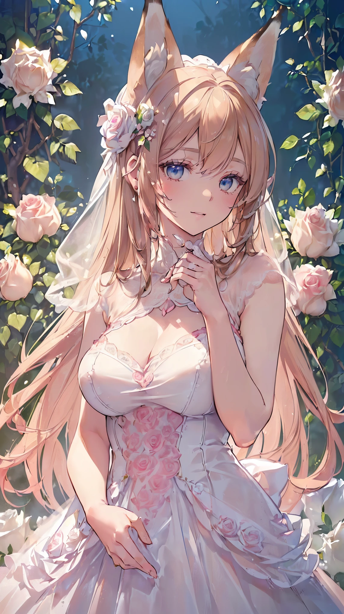 (((Masterpiece))), (((Highest quality))), ((Ultra-detailed)), ((Super fine illustration)), ((Ultra-fine painting)), (16K highest quality wallpaper:1.4), (Upper body:1.4), (Highly detailed and delicate illustration style:1.8), Detailed skin texture, Detailed cloth texture, Detailed rose flower texture, Extreme detailed description, (T-masterpiece), (Highly detailed face:1.4), Original, RAW photo, Professional, Intricate details, Super details, Direct light:1.6, (Perfect anatomy:1.4), (Highly detailed hands:1.2), (Highly detailed fingers:1.2), (Highly detailed fingertips:1.2), (27-years-old), Real, (Solo:1.6), ((A very beautiful and attractive fox fashion model:1.4))
BRAKE
(Beautiful and adorable fox ears:1.6), (Highly detailed and delicate fox ears:1.4), (Beautiful and well-shaped big breasts:1.2), (Beautiful and well-shaped buttocks), (Beautiful and shiny golden brown hair:1.6), (Highly detailed and delicate golden brown hair:1.4), (Beautiful clear blue eyes that shine with great detail:1.6), (Highly detailed and delicate blue eyes:1.2), (Highly detailed face:1.4), (Smile:1.4), (Looking at viewer:1.4), (Standing:1.4), (Celebration:1.4)
BRAKE
((A beautiful and gorgeous princess dress that is detailed and delicate to be worn at celebratory occasions:1.4))
BRAKE
((Holding in both hands a large bouquet of highly detailed and delicate ((white and pink roses)):1.3))
BRAKE
(Just after noon:1.4), (Celebration:1.4), ((Highly detailed and delicate white rose flower and pink rose flower garden background:1.4)), (Highly detailed and delicate royal palace courtyard background in just after noon in spring:1.4) BRAKE