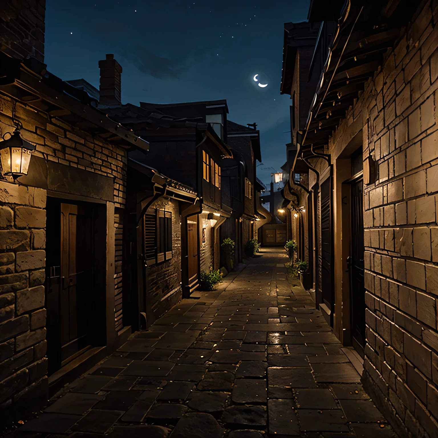 Detailed sixteenth century alley, night, The moon is shining brightly,
