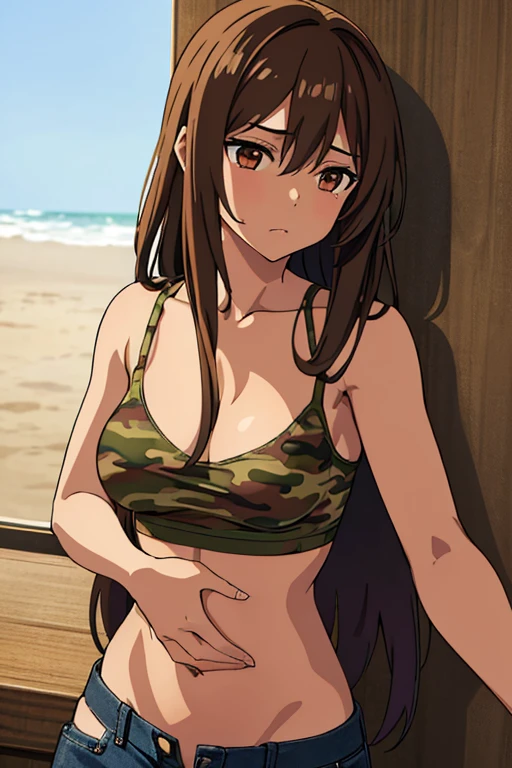 ((best quality)), ((masterpiece)), (detailed), perfect face, brown skin anime girl in a deep V Neck cami top, (jeans trousers), (camo designed top), famished in hunger, (gently resting hands on stomach), (long hair), (hands on her stomach)