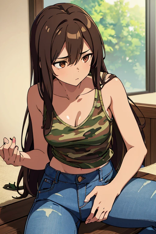 ((best quality)), ((masterpiece)), (detailed), perfect face, brown skin anime girl in a deep V Neck cami top, (jeans trousers), (camo designed top), famished in hunger, (gently resting hands on stomach), (long hair), (hands on her stomach)