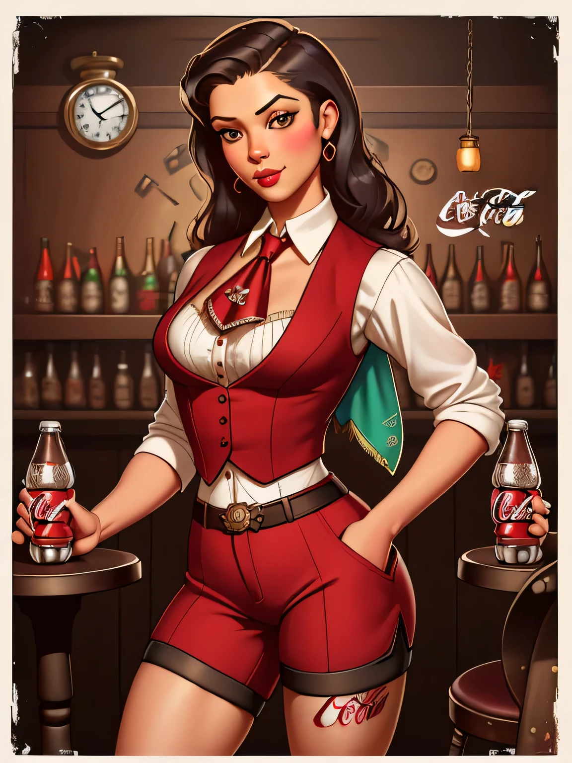 ((SFW)), Coca Cola Pinup Art by Gil_Elvgren and Haddon_Sundblom, 
[ Dana Davis | Freida Pinto ],  pocket watch, waistcoat, and ascot tie , tavern ,
 