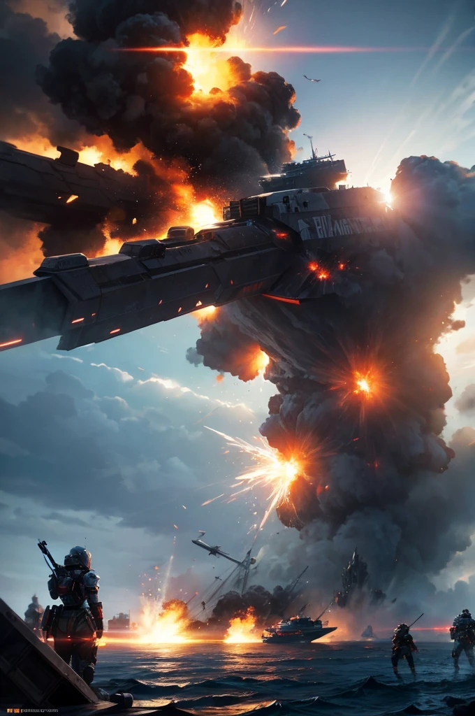 Cinematic battle space scene of humans amid gunfire, explode, Giant ships, Destruction and volumetric lighting. Very detailed.)