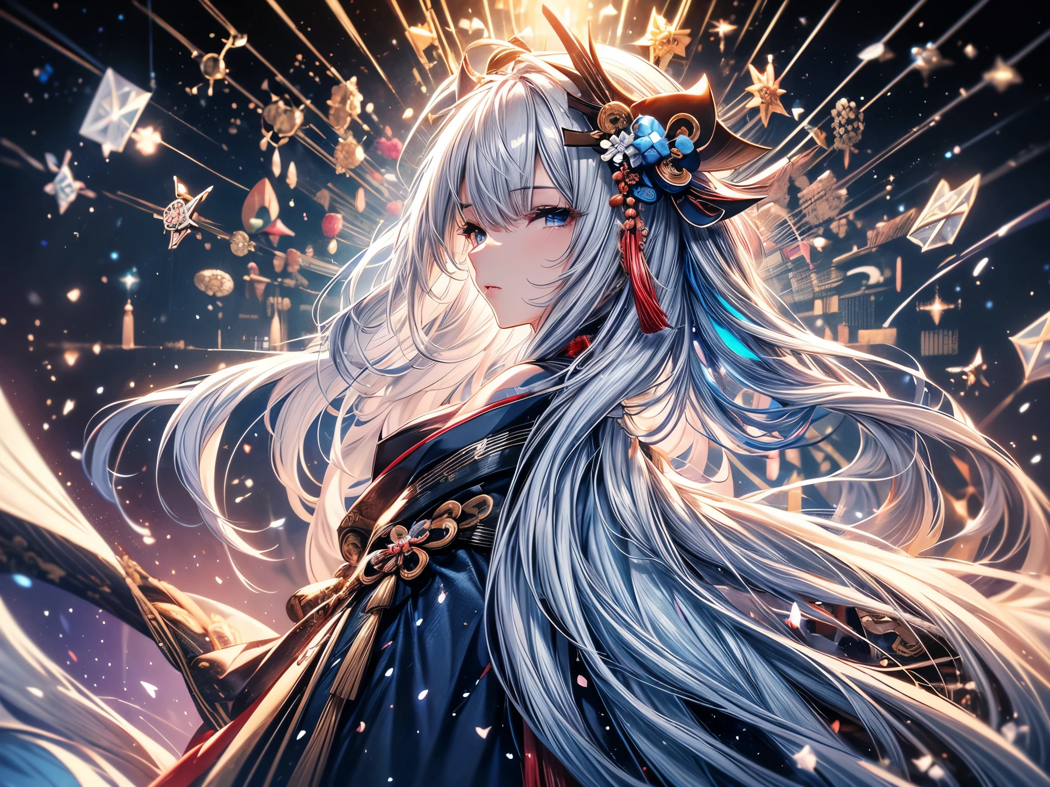 (Ultra-delicate), (Be focused), (high resolution), (((Silver hair with gradient stripes and light blue tail))), One, Cute beauty face, alone, Fine facial textures, ((Light blue eyes)), thin eyebrows, long upper eyelashes, Double eyelids, Upper Eye, (super detailed eyes), Sexy lips, lip details, White skin, Delicate skin, Deformed depth of field blurred background, (Detailed background), Perfect layer cut, (full-body shot/Cowboy shooting/side view), wallpaper, Shimmer, complicated, familiar, ((Onmyoji)), particle, constellation, Stardust, Pentagram, God formula, (((Talisman))), mysterious, peaceful, Japan, Black, White Kimono, Fortune Telling, time and space, incantations, ((Yin Yang Liao)), ((Japan宮廷)), Artistic, 8k