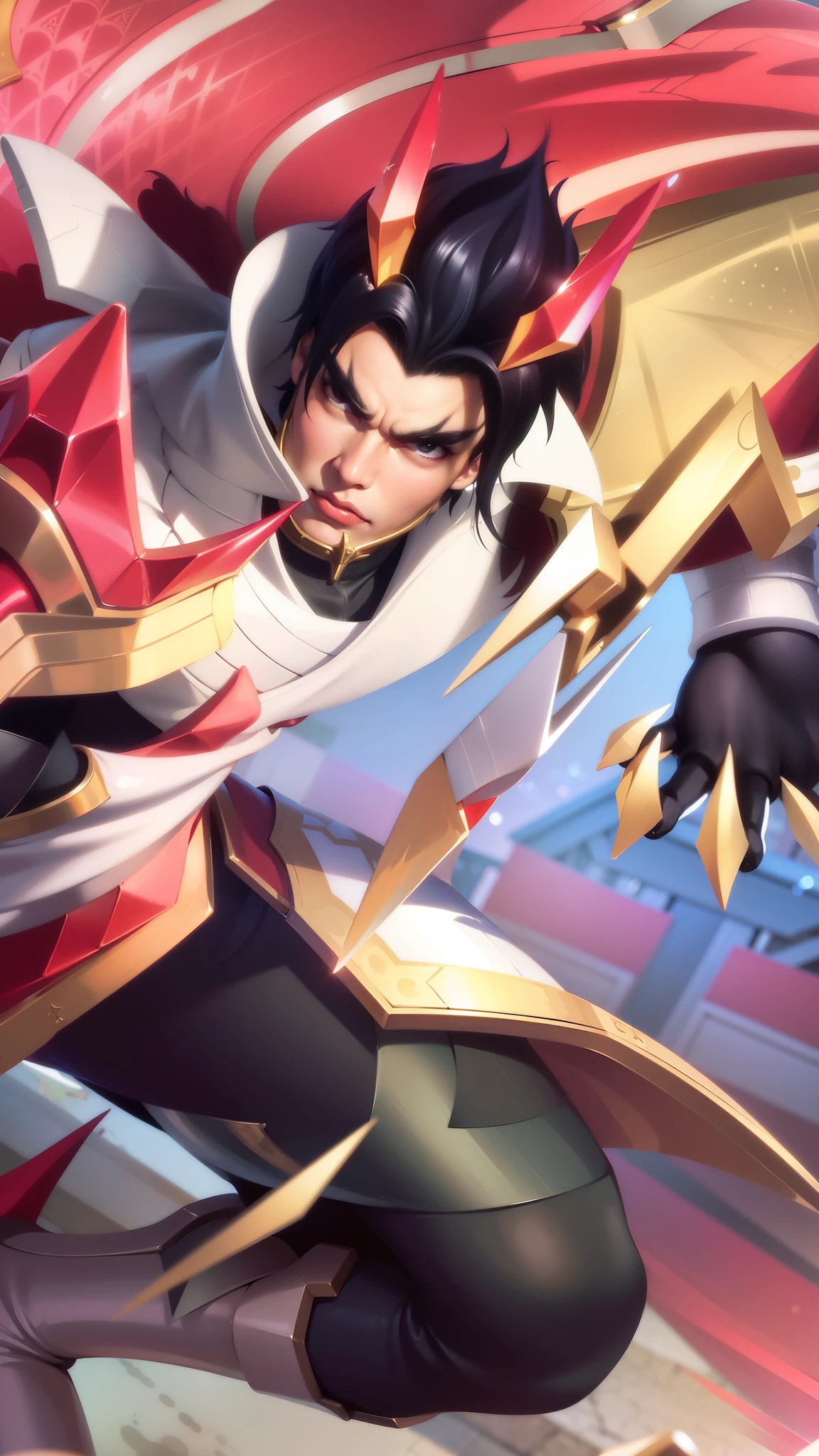 a close up of a guy with a sword and a red cape, son of sparda, handsome guy in demon slayer art, Best quality, masterpiece, detailed skin texture, detailed clothes texture, detailed face, super detail, 8k, intricate detail, The color doesn't change, Muscle guy, 1 guy.