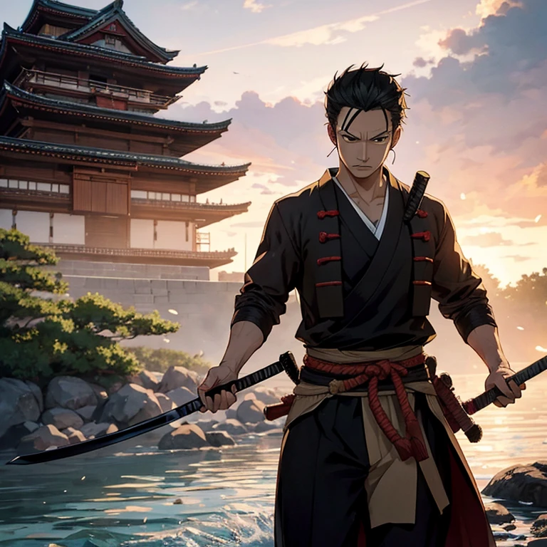 zoro dressed as a samurai behind an ancient japanese castle
