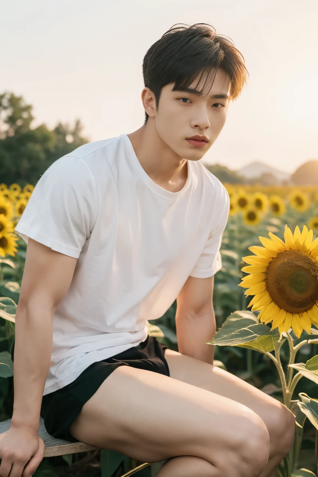 Asian muscular boy sitting on sunflower field , wearing only white shirt, black micro thong, showing his naked thighs, muscular young male,, mid shot portrait, high quality portrait, Attractive pose, yanjun cheng, Inspired by Bian Shoumin, gorgeous young model, Casual pose, portrait a  25 - year - old boy, casual photography, Realistic. Cheng Yi, cute young man