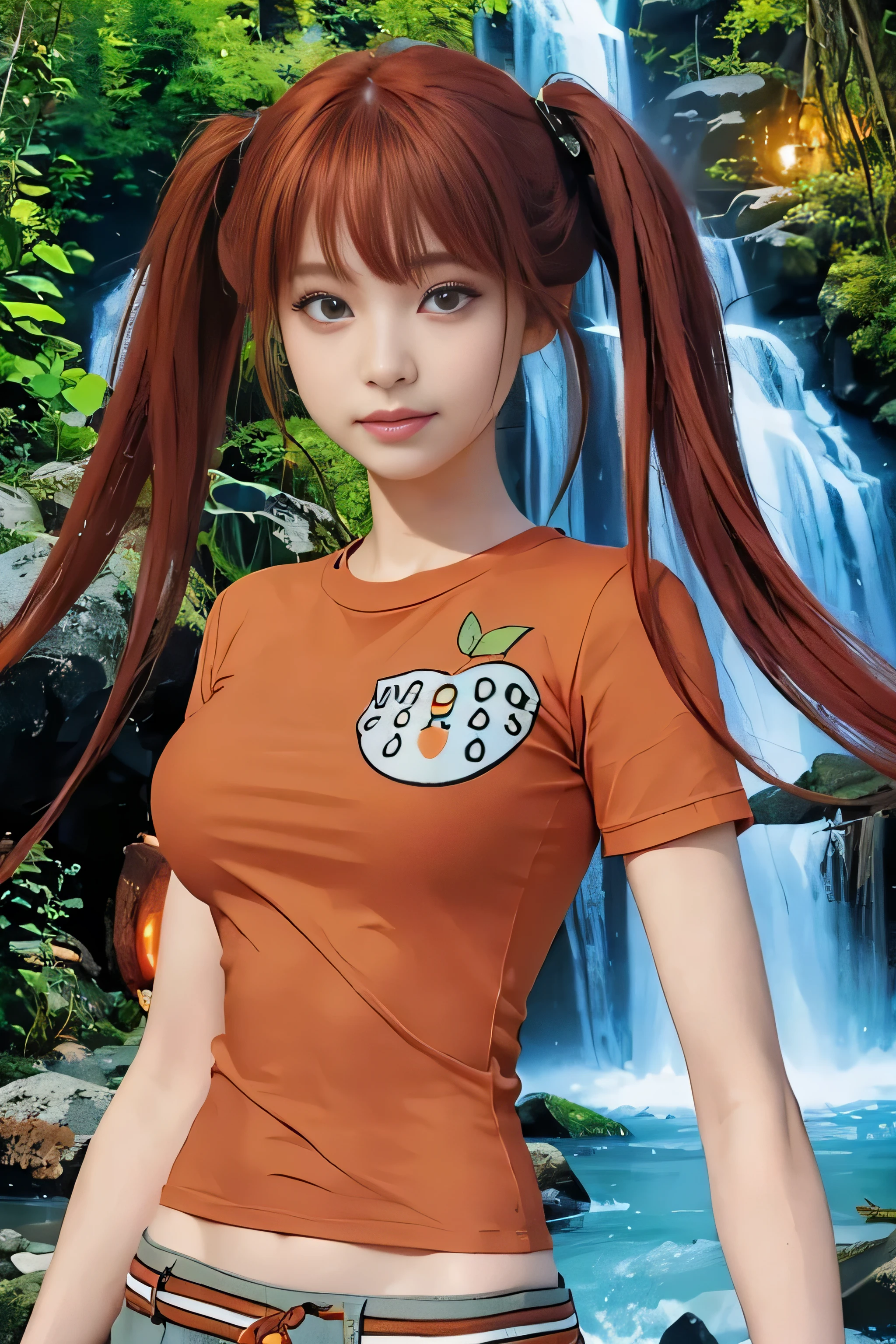 masterpiece, best quality, (realistic,photo-realistic:1.4), (RAW photo:1.2), extremely detailed CG unity 8k wallpaper, delicate and beautiful, amazing,finely detail, official art, absurdres, incredibly absurdres, huge filesize, ultra-detailed,extremely detailed eyes and face,light on face,(little smile),(red hair:1.4),(long hair:1.4),(wearing orange t-shirt with apple picture:1.5),twintails,waterfall