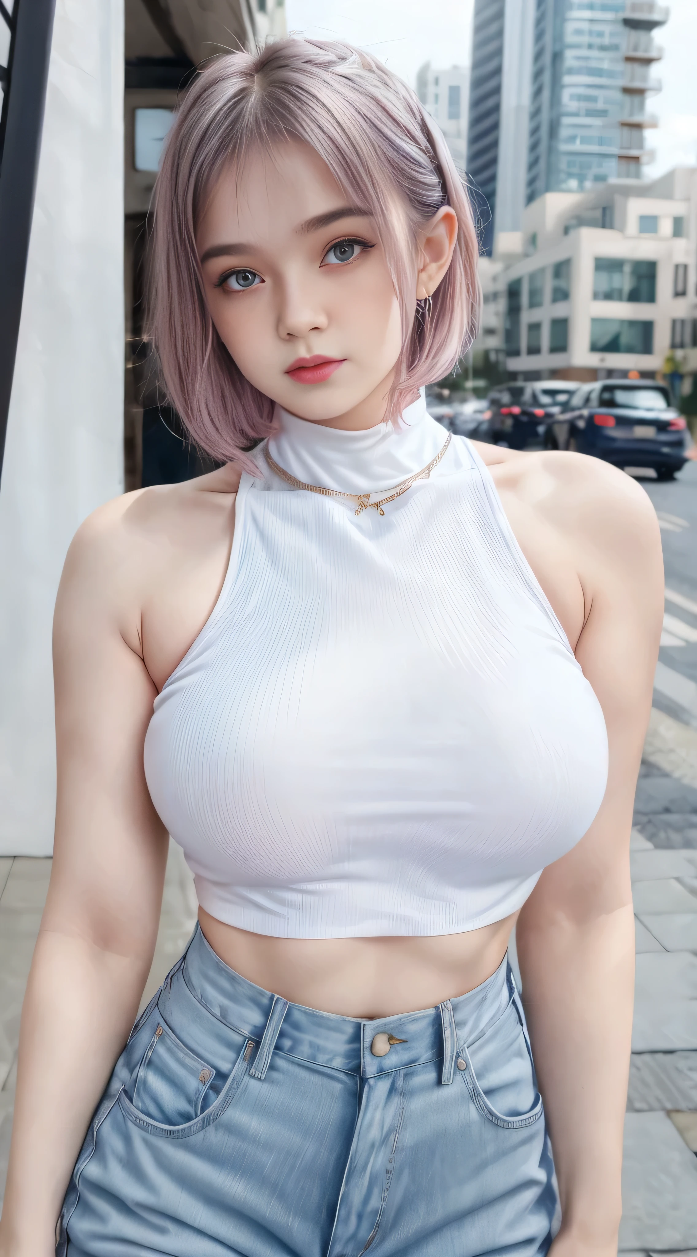 Gorgeus Girl, Beautiful, Baby Face, 20 Years Old, White Skin, Colossal Breasts, Side Pose, Cleavage, Outfit Straps, White Sleeveless Crop Turtleneck Top, Mini Shirt, Blue Eye, Muscles, Bokeh, Modern Place Background, Masterpiece, Medium Bob Pink Hair