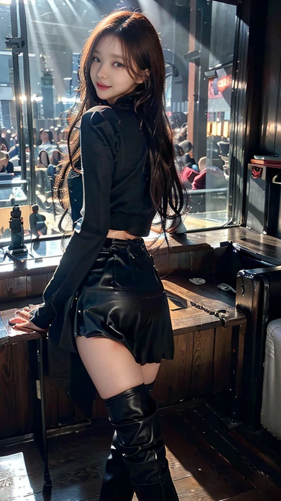 27 years old 、night club、(Black colored tight sweater、Black leather pleated skirt、knee high boots:1.3)、black skirt、Plump thighs、날씬한 beautiful bridge、shoot from the knee、angle from below、beautiful knee chest、girls、white girl、woman makeup、long eyelashes、pink teak、fancy eye makeup、Mascara、orange hair:1.2、beautiful ass、beautiful hip line、random seductive poses、((fascinating expression:1.1))((etched smile))((Partially tied wavy bob hair))、The face is orderly.、looking at the viewer、fascinating look、Gestures of seduction、detailed face、beautiful face、Hair tying、Light brown eyes、1 girl、innocence、(realistic)、(intricate details:1.2)、(masterpiece、:1.3)、(top quality:1.4)、(Ultra A high resolution:1.2)、Ultra A high resolution、(eye for detail)、(detailed face 특징)、nffsw、8K resolution、random and sexy poses、beautiful bridge、Bend your knees slightly.、high heel、Your butt line is pretty、Bend your knees slightly.