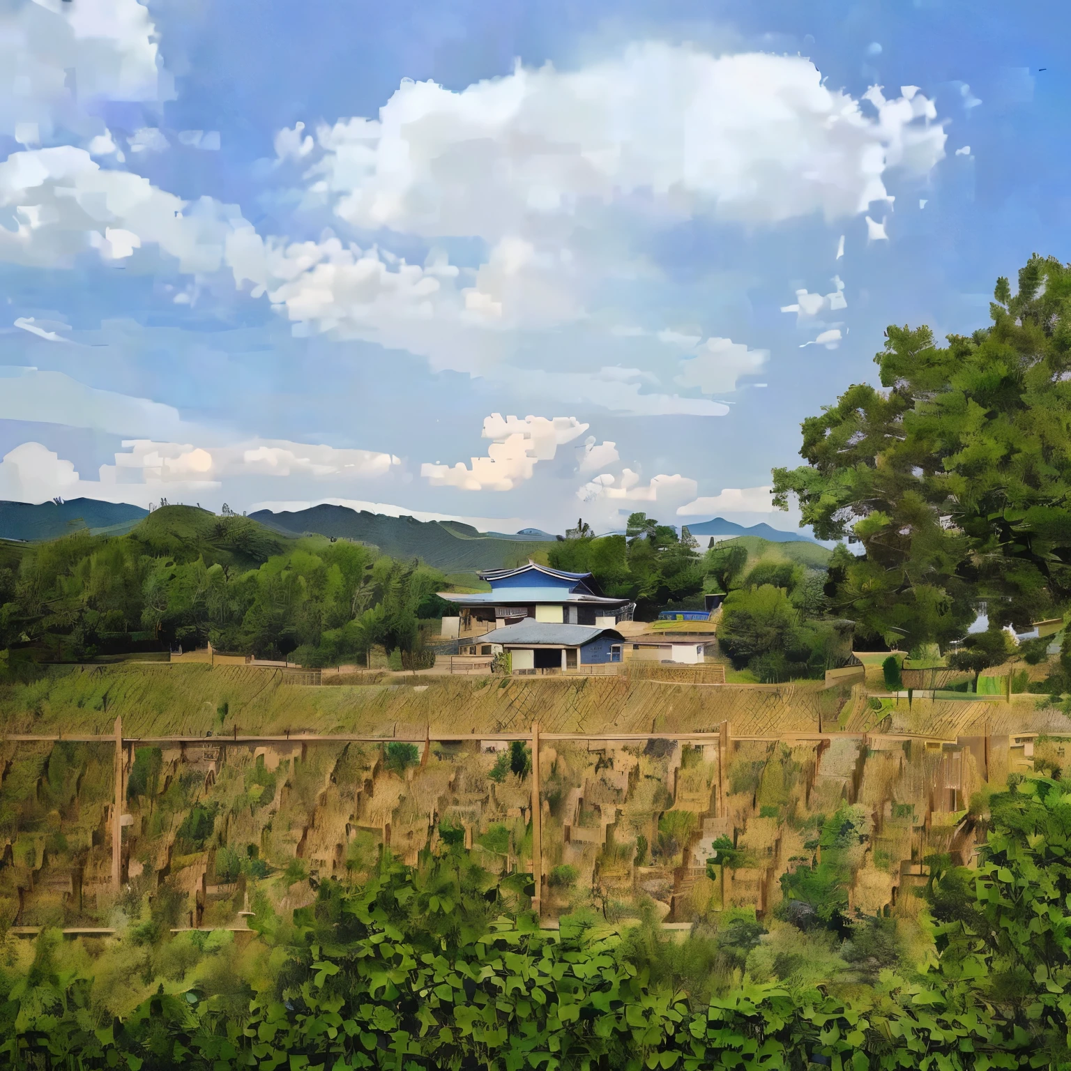 There is a fence,The background is a building, Korean Village, Overlooking, From the outside, Long distance viewing, View from the side, From a distance, View from the side, Exterior, Side view in the distance, Farmland and trees, Idyllic and fertile land, View from the ground, From a distance