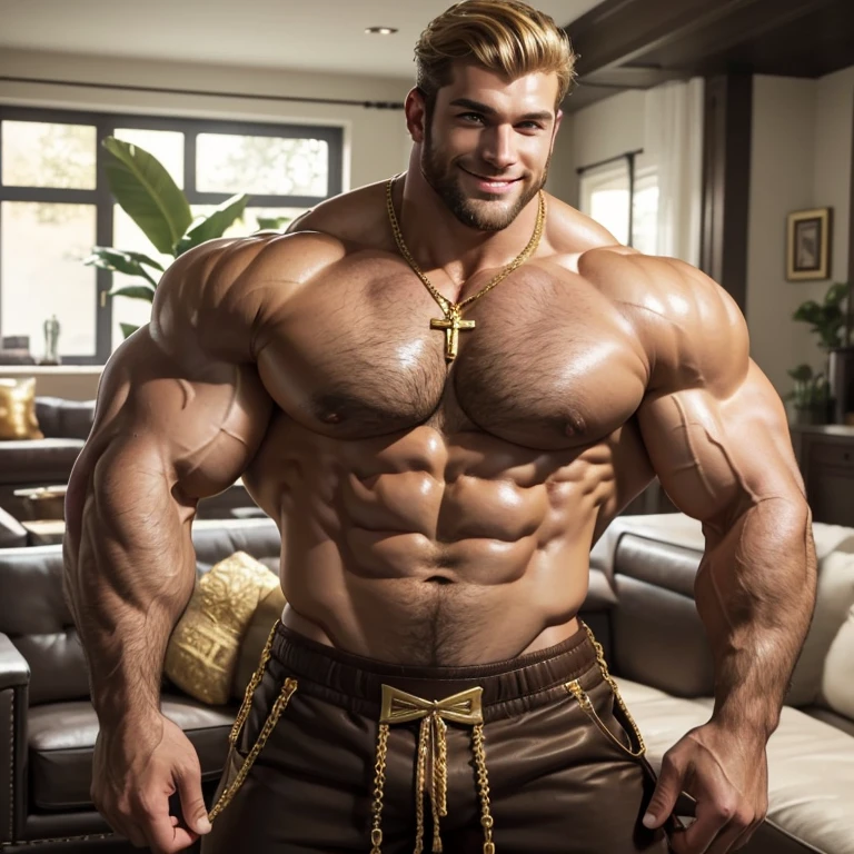 Photorealistic. A very handsome, sweet and truly massive deep brown tanned monster Caucasian bodybuilder is showing off his huge bicep muscles and meaty thighs. Smiling young adult. blond hair, very short beard, powerfully muscled, massive shoulders and biceps. well-defined six pack. Exceptionally large and thick gold cross necklace. Black shorts. Living room scene