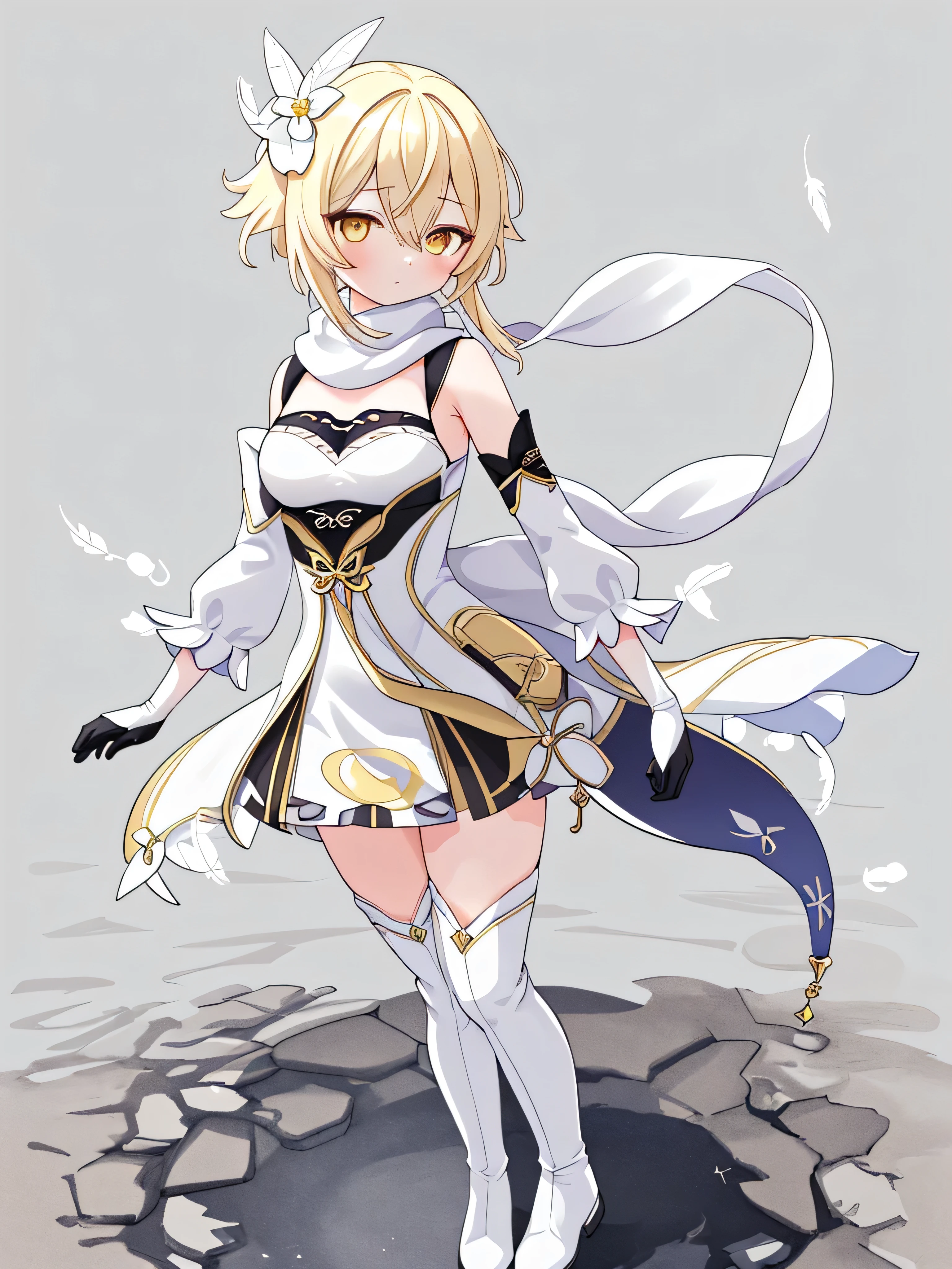 masterpiece, top quality, super detailed, CG illustration, high resolution, better lighting, best shadows, very delicate and beautiful, proper shading, hd, 8k,lumine (genshin impact), 1girl, solo, breasts, looking at viewer, bangs, blonde hair, simple background, hair ornament, thighhighs, gloves, dress, hair between eyes, bare shoulders, closed mouth, standing, full body, yellow eyes, flower, sidelocks, boots, detached sleeves, hair flower, scarf, white dress, thigh boots, white footwear, feathers, white flower, black background, short hair with long locks, white scarf, feather hair ornament