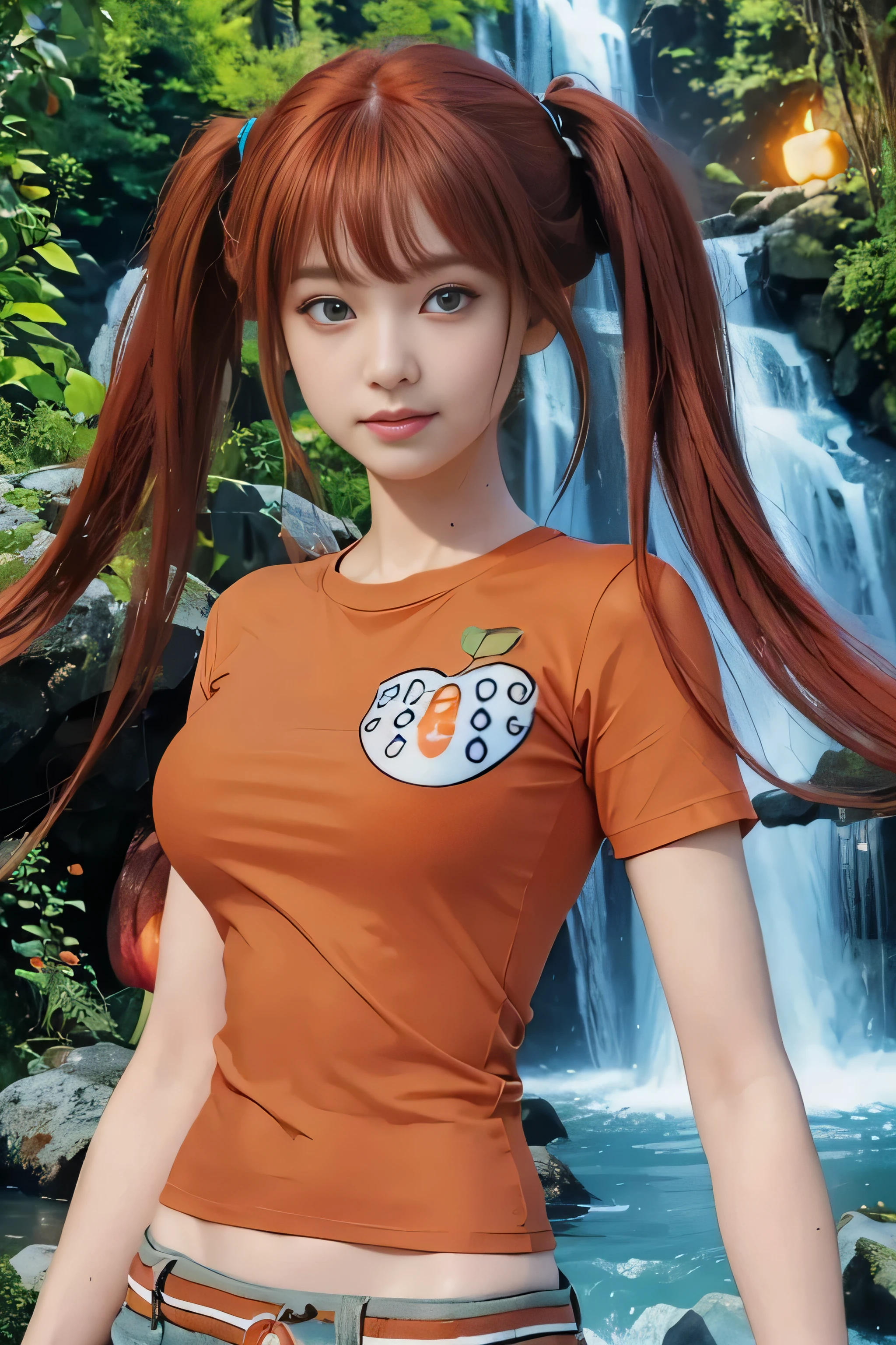 masterpiece, best quality, (realistic,photo-realistic:1.4), (RAW photo:1.2), extremely detailed CG unity 8k wallpaper, delicate and beautiful, amazing,finely detail, official art, absurdres, incredibly absurdres, huge filesize, ultra-detailed,extremely detailed eyes and face,light on face,(little smile),(red hair:1.4),(long hair:1.4),(wearing orange t-shirt with apple picture:1.5),twintails,waterfall