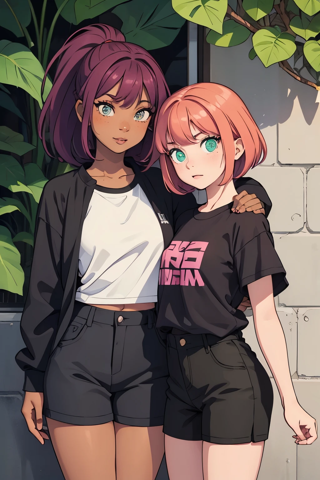 black girl with half magenta hair and the other half black, pretty and thicc, beautiful dark eyes, with a friend who is a ginger with green eyes and lots of freckles. The first girl is wearing a no sleeved long shirt and long pants, the other girl is wearing a short sleeved shirt and shorts that aren't too short.
