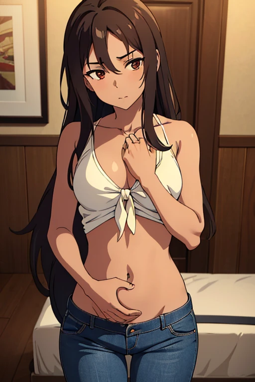 ((best quality)), ((masterpiece)), (detailed), perfect face, brown skin anime girl in a deep V Neck front-tie top, (bare shoulders), (jeans trousers), famished in hunger, (gently resting hands on stomach), (long hair), (hands on her stomach), (military girl)