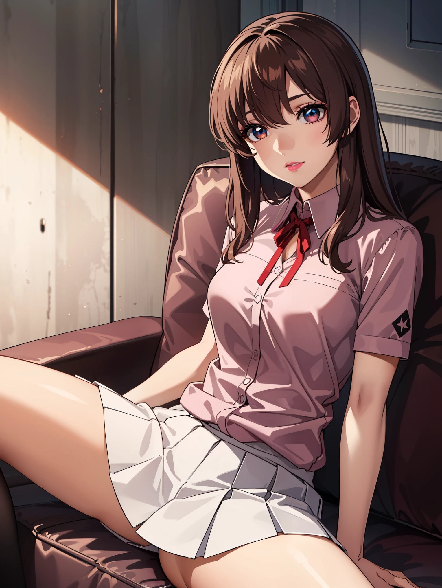 bangs,brown_hair, long_hair,red eyes,lipstick,makeup,
BREAK (white skirt, red ribbon, pink shirt, pleated skirt, bangs, neck ribbon, puffy short sleeves:1.2)
BREAK (spread legs), sitting,
BREAK indoors, military place,
BREAK (masterpiece:1.2), best quality, high resolution, unity 8k wallpaper, (illustration:0.8), (beautiful detailed eyes:1.6), extremely detailed face, perfect lighting, extremely detailed CG, (perfect hands, perfect anatomy),