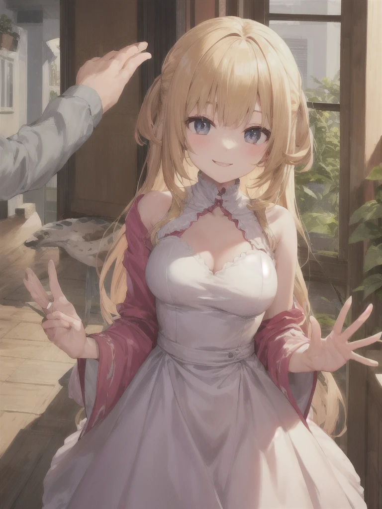 anime image newlywed wife、from the second story window、smiling and waving at me、she is very beautiful、Hair is straight long、a blond