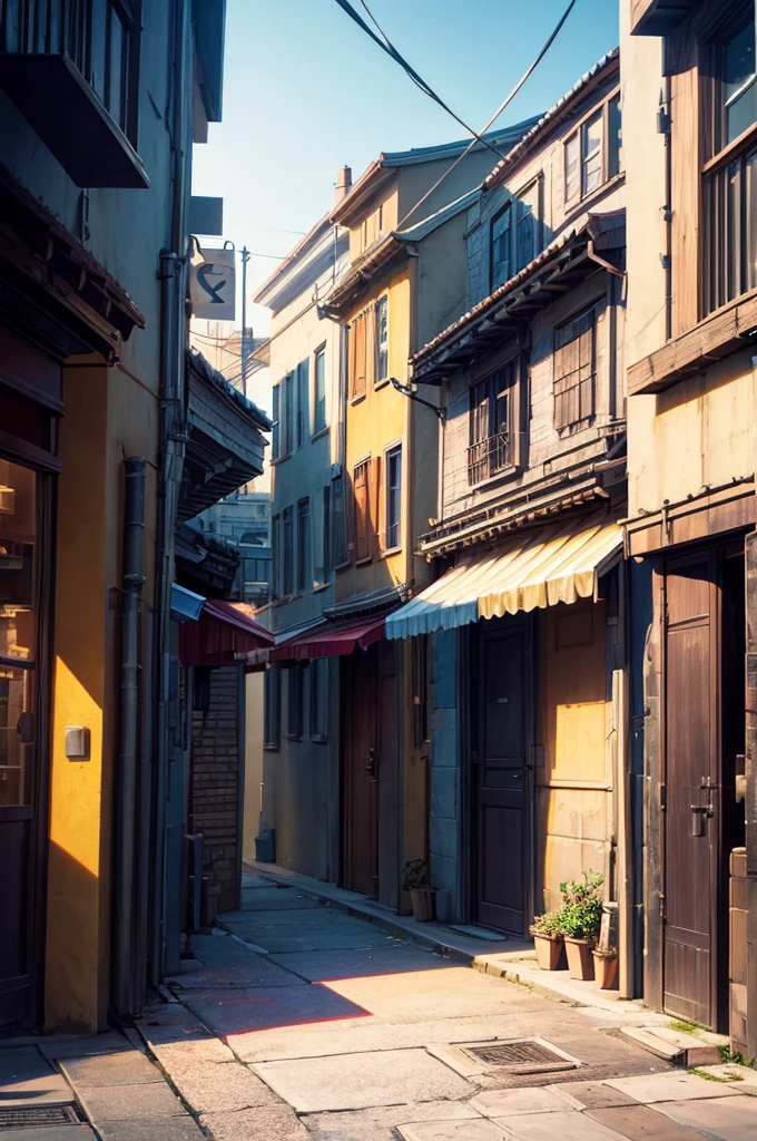 Retracted city image,Alley leads to street, super detailed, masterpiece, best quality, Ultra-high quality, Ridiculous details, The best light, The best shadow, sharp, sharp image, detailed, extremely detailed, high resolution, 8k, 4K, Ultra HD, Volumetric, Bright Elf, Particle Effects, Beautiful Effects, neon, neon light, Sunlight, Sunlight, (Street People)
