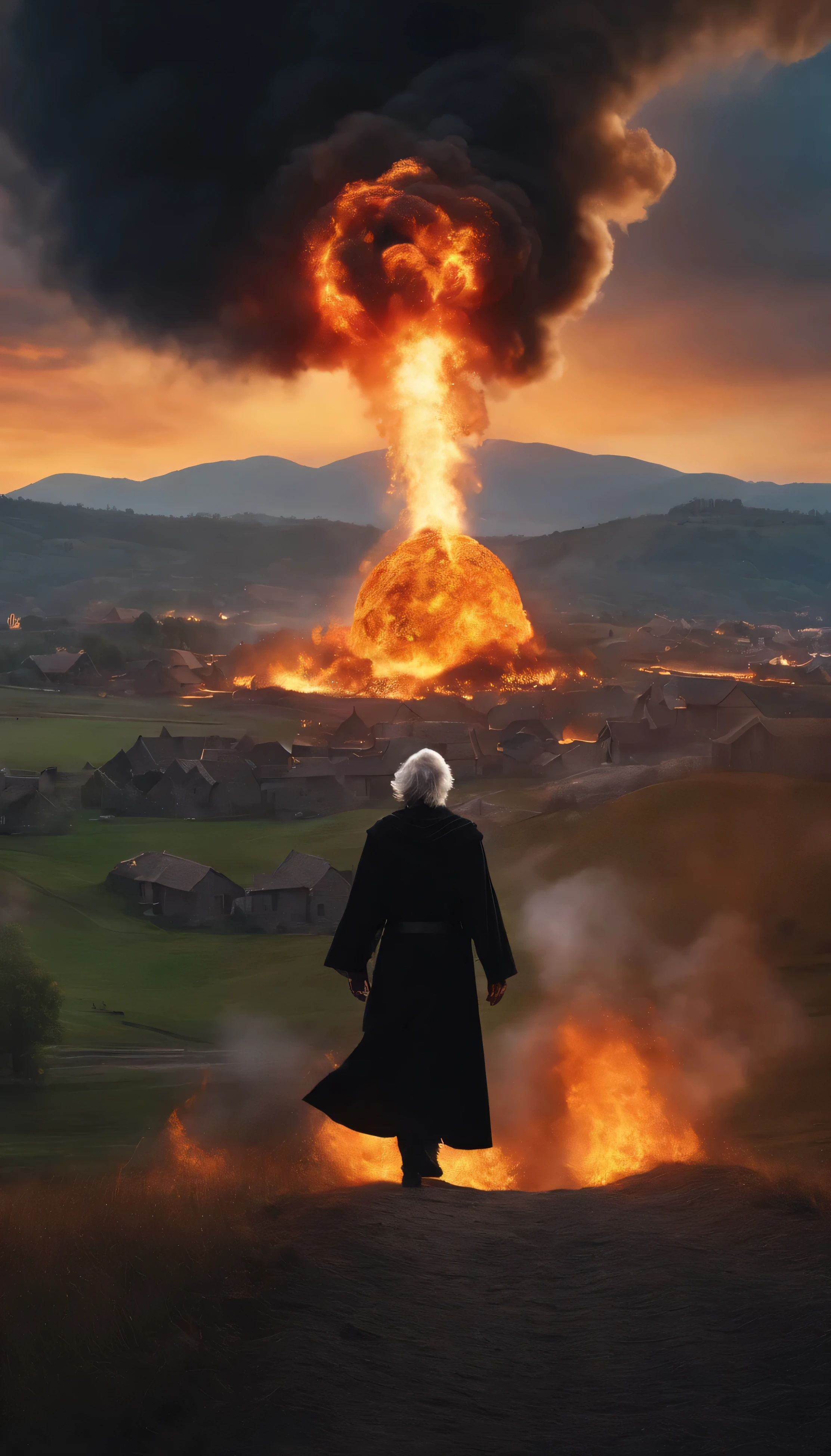 8k, close distance portrait, a male wizard with black clothes and grey short hair from behind, throwing a super massive huge fireball to a village in the distance from hill, with a burning village background the distance