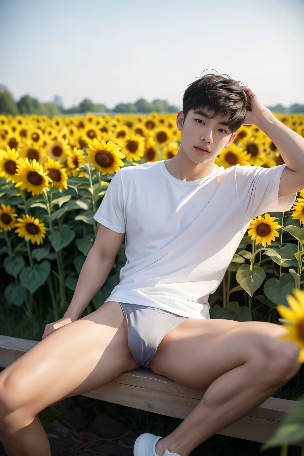 Asian muscular boy sitting on sunflower field , wearing only white shirt, black micro thong, showing his naked thighs, muscular young male,, mid shot portrait, high quality portrait, Attractive pose, yanjun cheng, Inspired by Bian Shoumin, gorgeous young model, Casual pose, portrait a 25 - year - old boy, casual photography, Realistic. Cheng Yi, cute young man