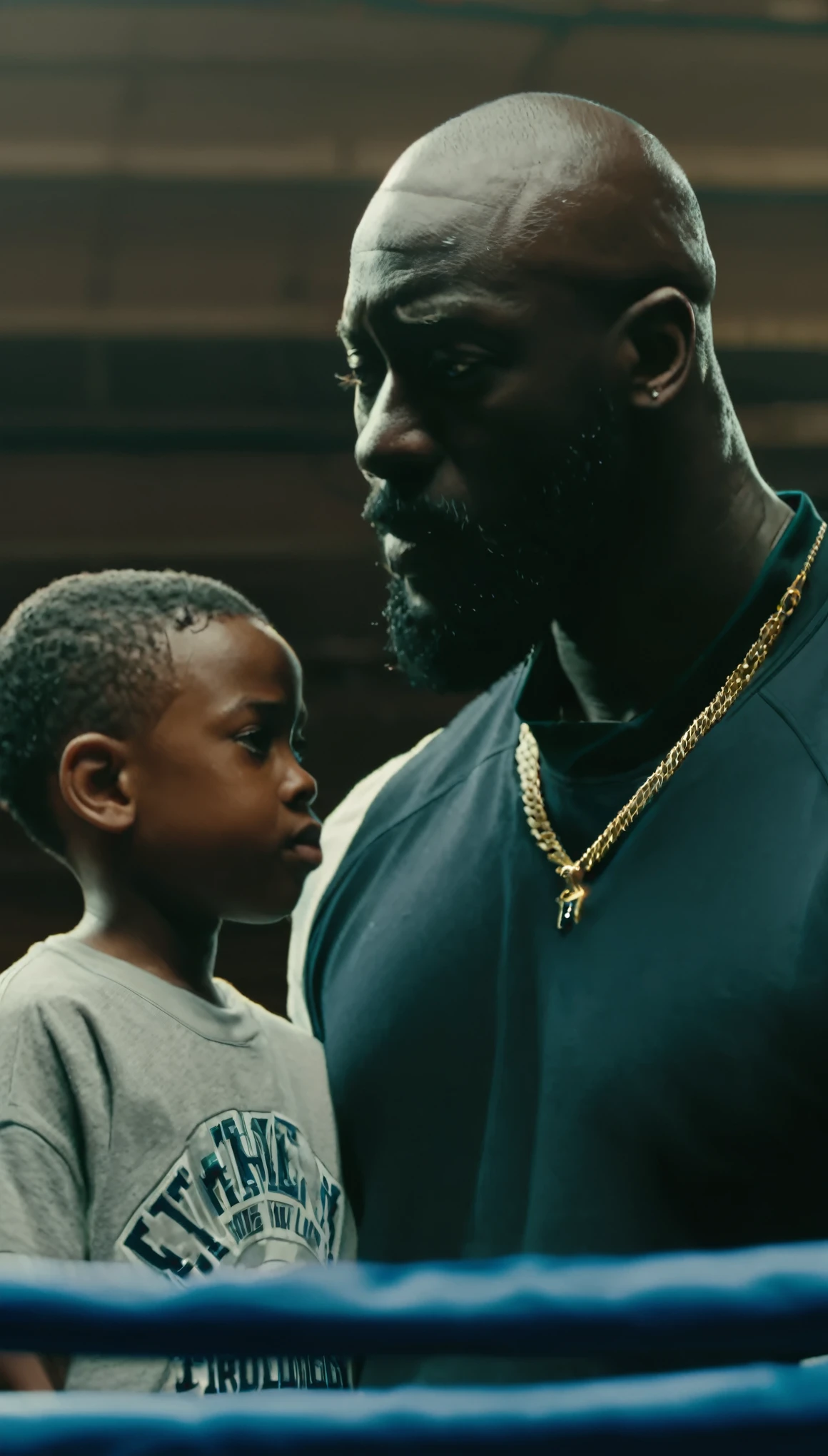 a man standing next to a boy in a boxing ring, fatherly, father figure image, control the game, kevin garnett, still from a music video, pictured from the shoulders up, screenshot from a movie, visualize, kidmo!!!, man is with black skin, emotional picture, focus, inspired by Paul Georges, teaching, daddy/fatherly