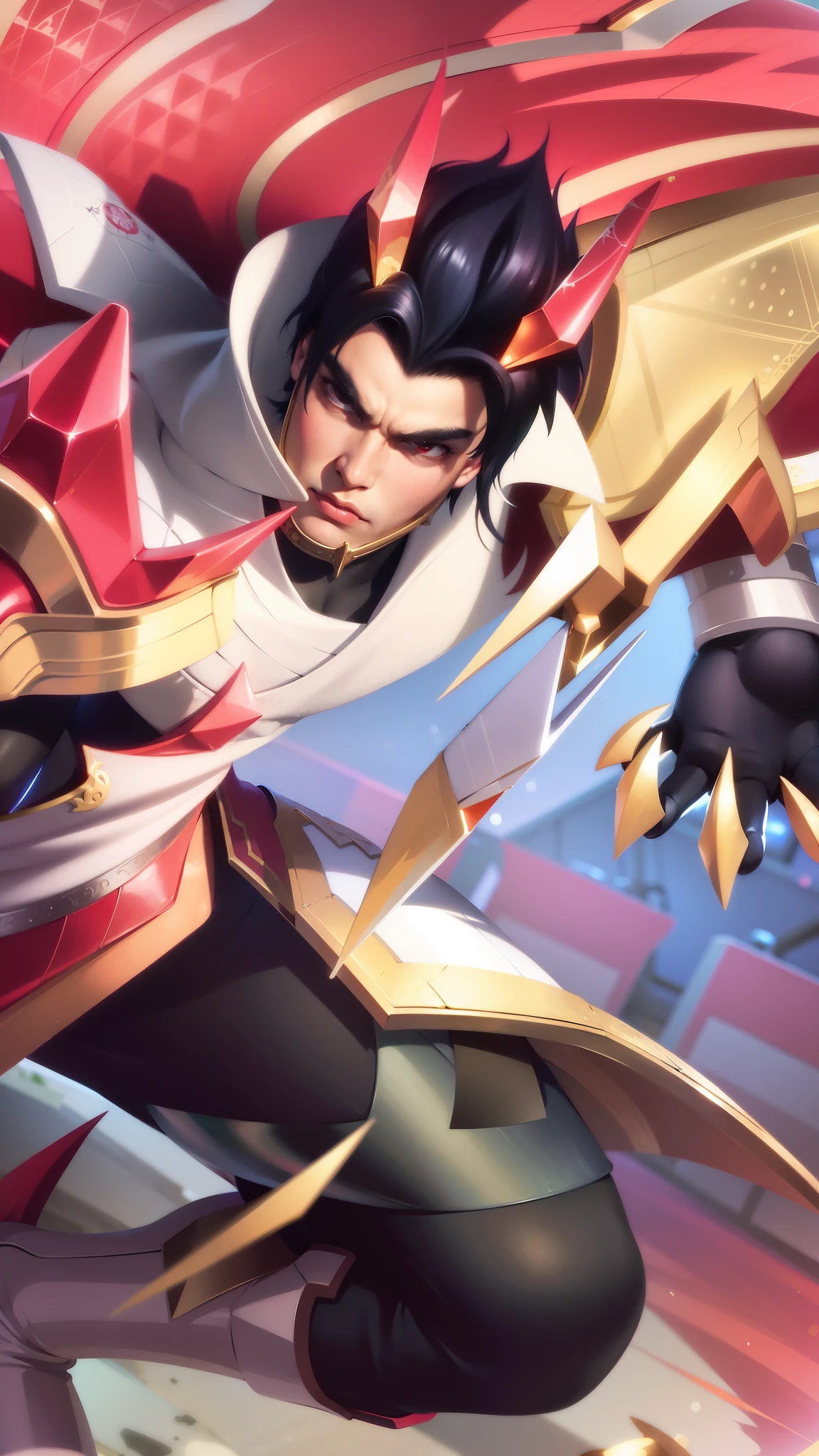 a close up of a guy with a sword and a red cape, son of sparda, handsome guy in demon slayer art, Best quality, masterpiece, detailed skin texture, detailed clothes texture, detailed face, super detail, 8k, intricate detail, The color doesn't change, Muscle guy, 1 guy.