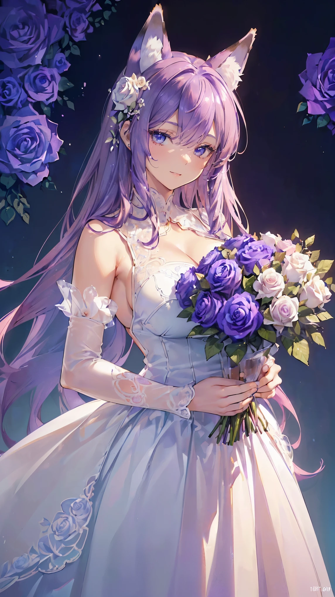 (((Masterpiece))), (((Highest quality))), ((Ultra-detailed)), ((Super fine illustration)), ((Ultra-fine painting)), (16K highest quality wallpaper:1.4), (Upper body:1.4), (Highly detailed and delicate illustration style:1.8), Detailed skin texture, Detailed cloth texture, Detailed rose flower texture, Extreme detailed description, (T-masterpiece), (Highly detailed face:1.4), (Highly detailed Purple fox ears:1.2), (Highly detailed Purple hair:1.2), (Highly detailed clear eyes:1.2), Original, RAW photo, Professional, Intricate details, Super details, Direct light:1.6, (Perfect anatomy:1.4), (Highly detailed hands:1.2), (Highly detailed fingers:1.2), (Highly detailed fingertips:1.2), (27-years-old), Real, (Solo:1.6), ((A very beautiful and attractive Purple fox fashion model:1.4))
BRAKE
(Beautiful and adorable Purple fox ears:1.6), (Highly detailed and delicate Purple fox ears:1.2), (Beautiful and well-shaped big breasts:1.2), (Beautiful and well-shaped buttocks), (Beautiful and shiny Purple hair:1.6), (Highly detailed and delicate Purple hair:1.4), (Beautiful clear blue eyes that shine with great detail:1.6), (Highly detailed and delicate blue eyes:1.2), (Highly detailed face:1.4), (Smile:1.4), (Looking at viewer:1.4), (Standing:1.4), (Celebration:1.4)
BRAKE
((A beautiful and gorgeous princess dress that is detailed and delicate to be worn at celebratory occasions:1.4))
BRAKE
((Holding in both hands a large bouquet of highly detailed and delicate ((white and pink roses)):1.3))
BRAKE
(Just after noon:1.4), (Celebration:1.4), ((Highly detailed and delicate white rose flower and pink rose flower garden background:1.4)), (Highly detailed and delicate royal palace courtyard background in just after noon in spring:1.4) BRAKE