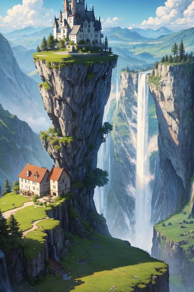 Painting of a waterfall and a house on the top of a mountain, vertical wallpaper, 4 k vertical wallpaper, 4k vertical wallpaper, 8 k vertical wallpaper, 8k vertical wallpaper, Ross Chen. Landscape Background, Beautiful painted scene, 4K matte, Detailed scenery —width 672, Beautiful iPhone Wallpapers, Avatar Landscape, inspired by Raphael Lacoste (Raphael Lacoste)