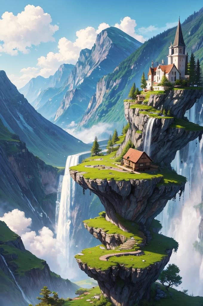 Painting of a waterfall and a house on the top of a mountain, vertical wallpaper, 4 k vertical wallpaper, 4k vertical wallpaper, 8 k vertical wallpaper, 8k vertical wallpaper, Ross Chen. Landscape Background, Beautiful painted scene, 4K matte, Detailed scenery —width 672, Beautiful iPhone Wallpapers, Avatar Landscape, inspired by Raphael Lacoste (Raphael Lacoste)