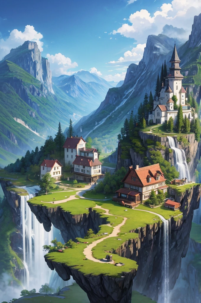 Painting of a waterfall and a house on the top of a mountain, vertical wallpaper, 4 k vertical wallpaper, 4k vertical wallpaper, 8 k vertical wallpaper, 8k vertical wallpaper, Ross Chen. Landscape Background, Beautiful painted scene, 4K matte, Detailed scenery —width 672, Beautiful iPhone Wallpapers, Avatar Landscape, inspired by Raphael Lacoste (Raphael Lacoste)