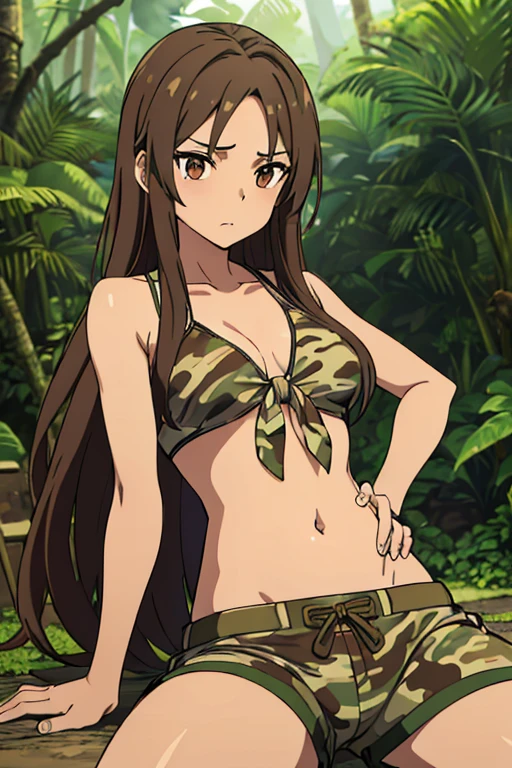 ((best quality)), ((masterpiece)), (detailed), perfect face, brown skin anime woman in a deep V Neck front-tie top, (bare shoulders), (camo shorts), (jungle camo designed top), famished in hunger, (gently resting hands on stomach), (long hair), (hands on her stomach), (slim and fit woman)
